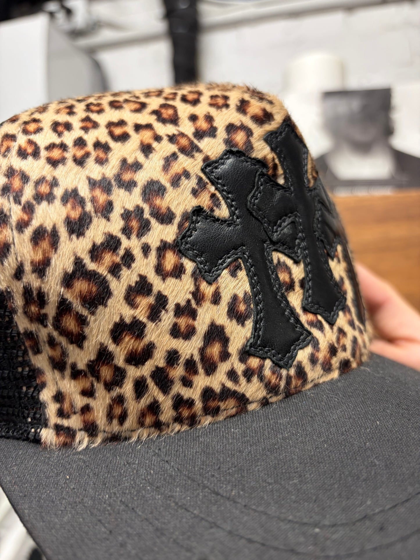 Chrome Hearts ‘Leopard’ Pony-Hair ‘Cemetery’ Leather Cross Patch Trucker Hat