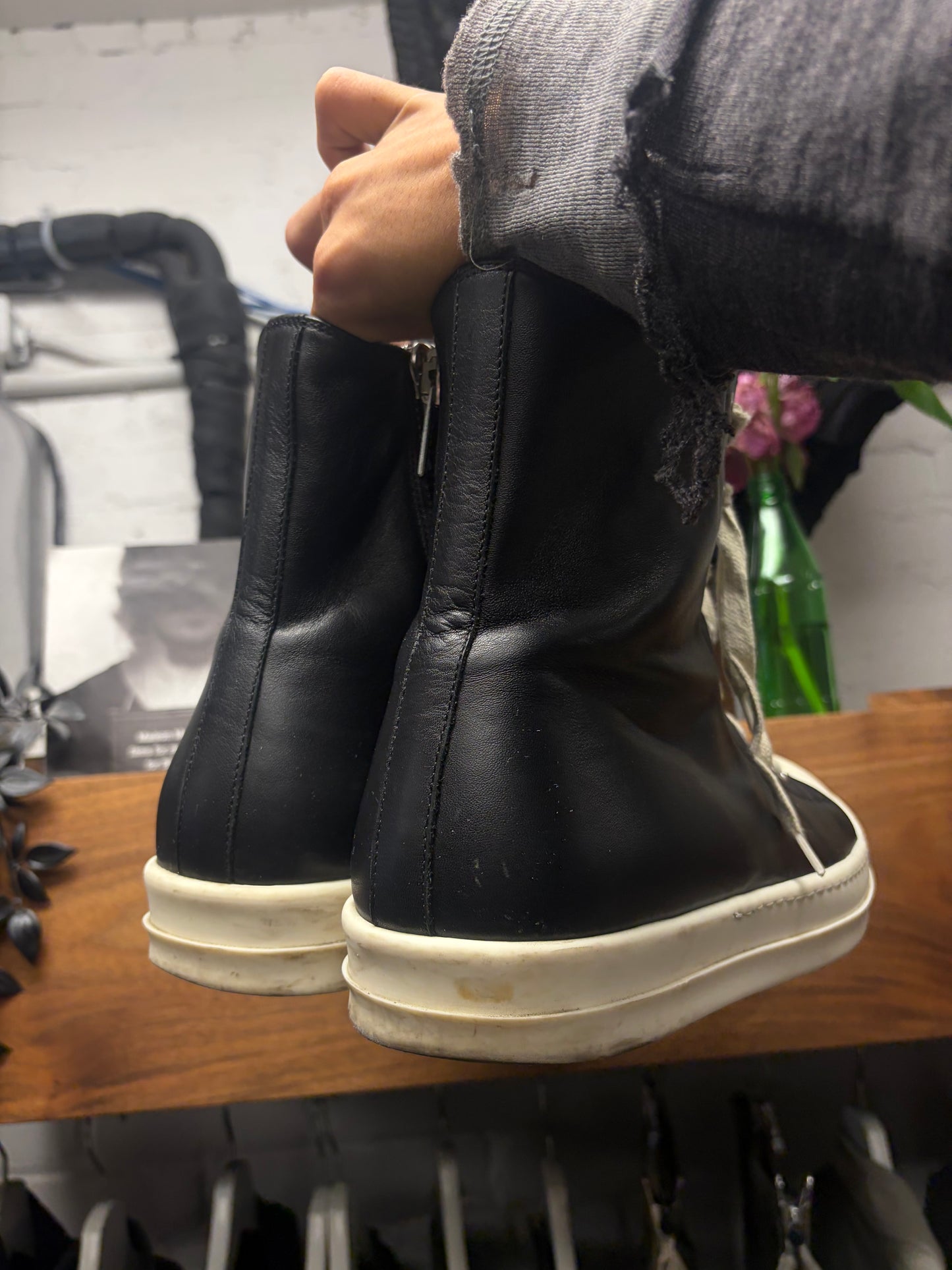 Rick Owens Black Leather ‘Ramones’ High Top Sneakers