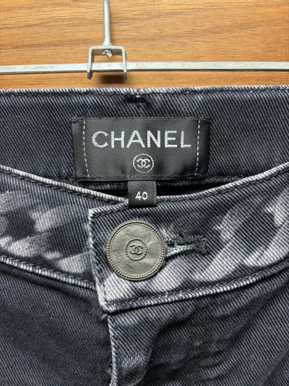 Chanel ‘Chain Print’ Black Skinny Jeans with Monogram Leather Jacron Patch