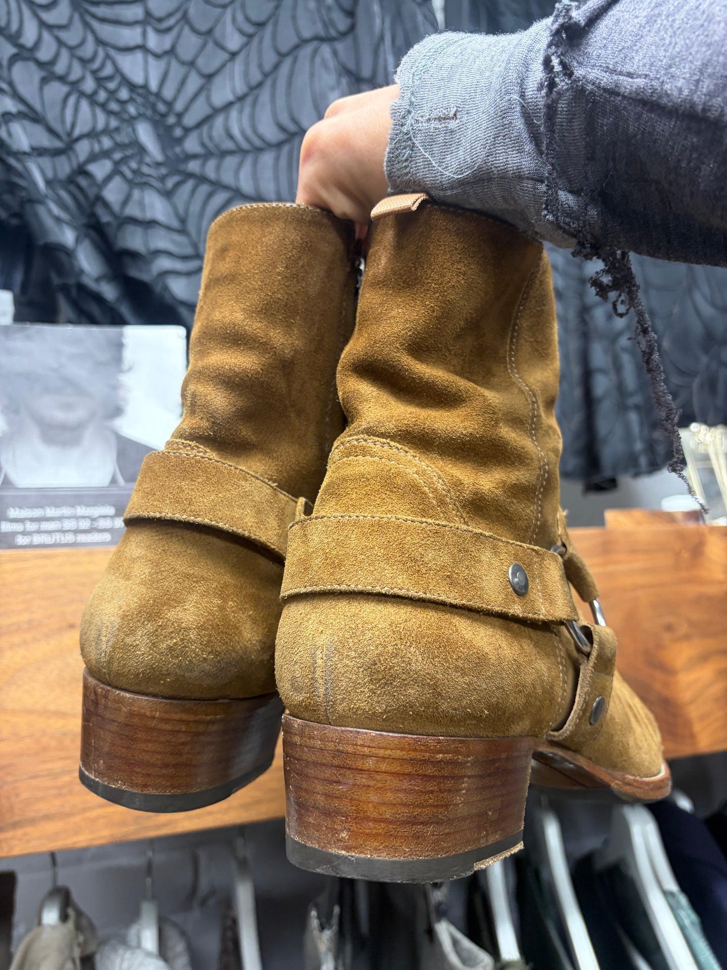Saint Laurent Brown Suede Harness ‘Wyatt’ Pointed Toe Chelsea Boots