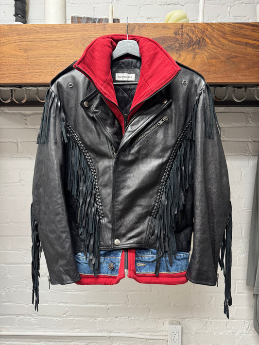 AW2018 Balenciaga ‘Triple Layer’ Denim/Sweatshirt/Leather Fringe Jacket