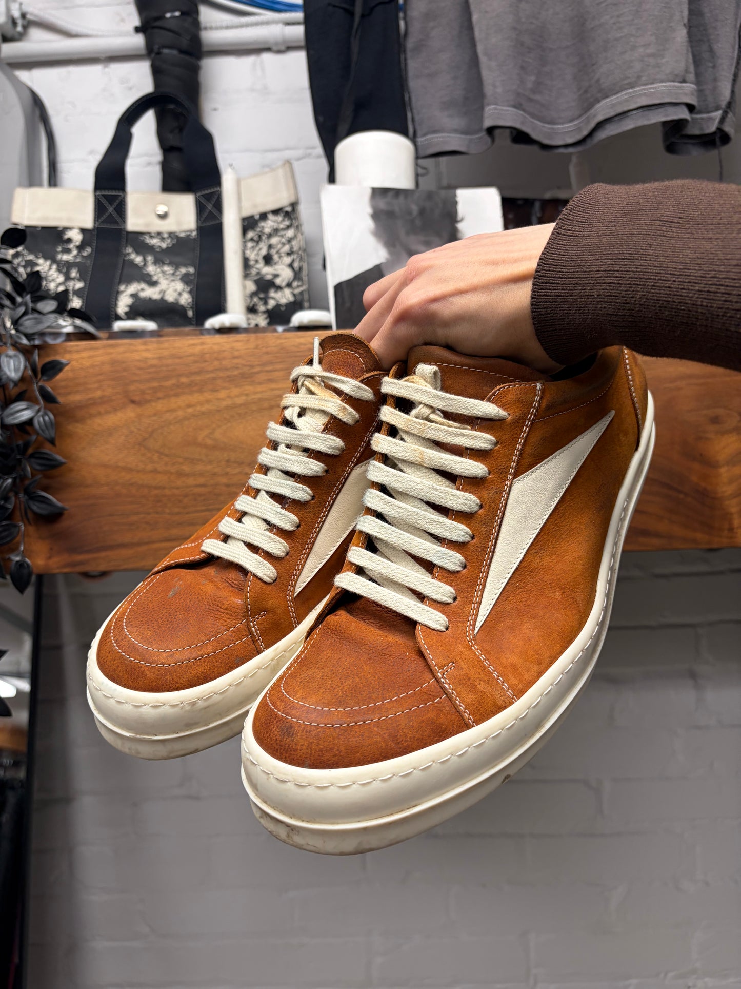 SS2024 Rick Owens ‘Vans’ Clay/Milk Leather Low Top Sneakers