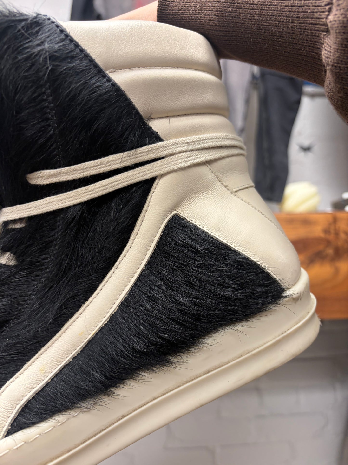 Rick Owens Pony-Hair Black/Milk ‘Geobasket’ High Top Sneakers