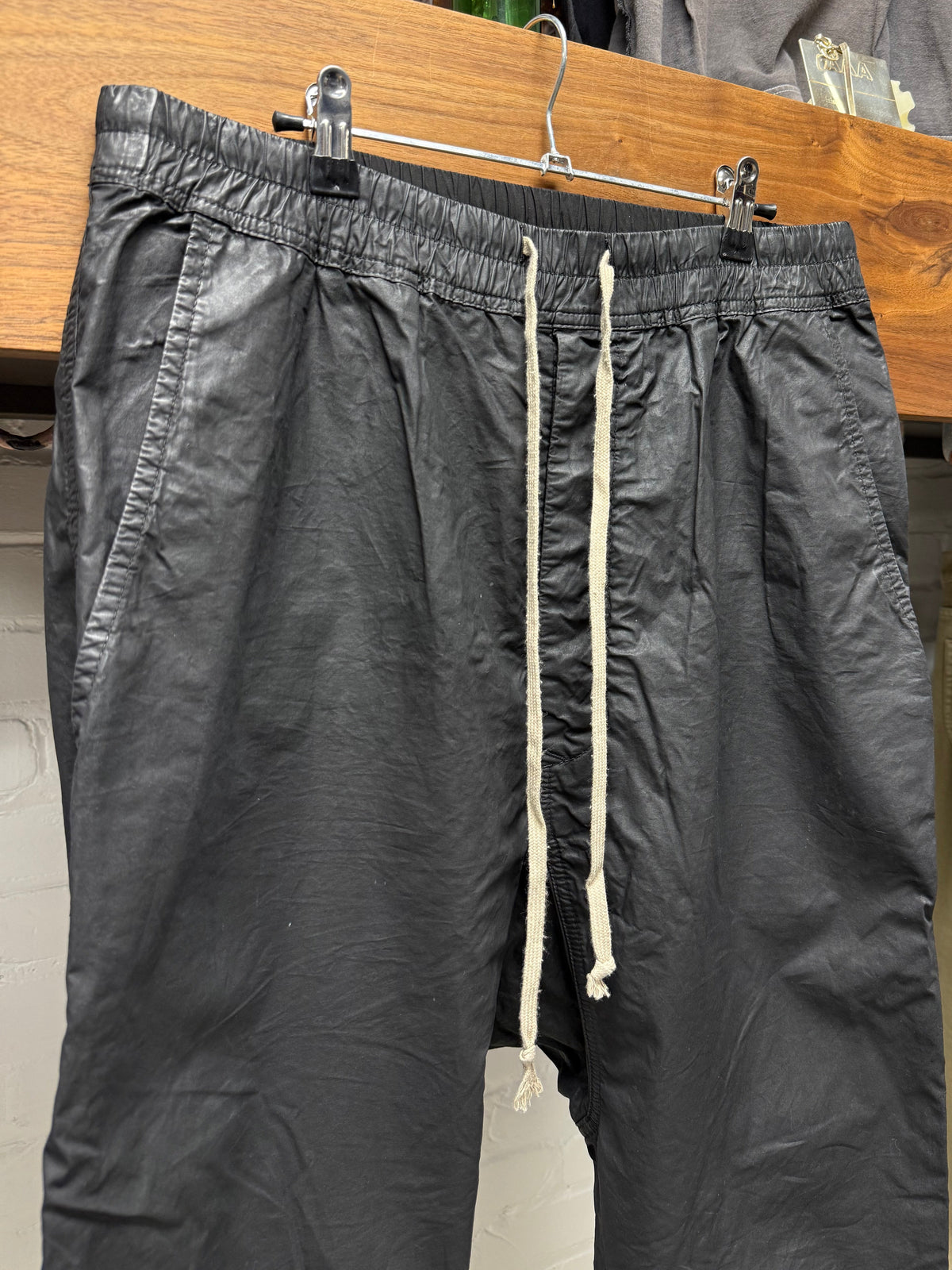 SS2015 Rick Owens ‘Faun’ Waxed Black Drop Crotch ‘Pod’ Drawstring Pants