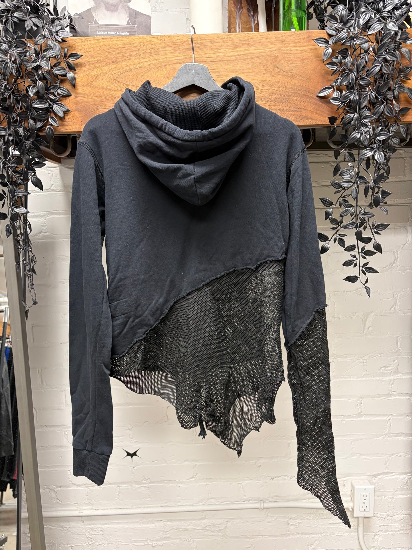 Greg Lauren Perforated Mesh Leather Spliced Hybrid Zip-Up Hoodie