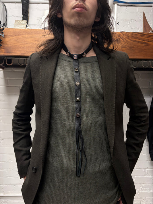 Yohji Yamamoto Raw Black Leather Studded ‘Bolo’ Neck Tie