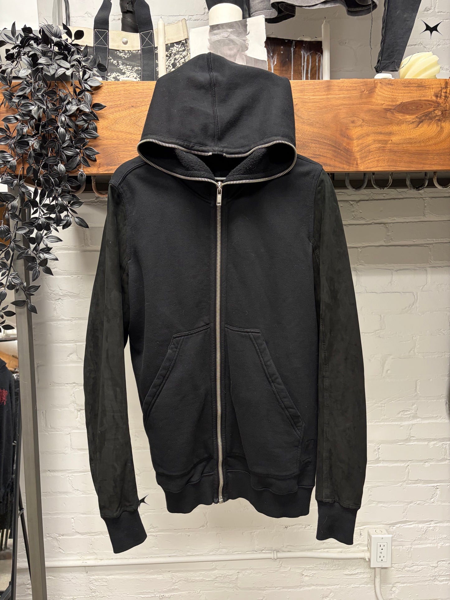 AW2015 Rick Owens Leather Sleeve ‘Gimp’ Black Full Zip Hoodie