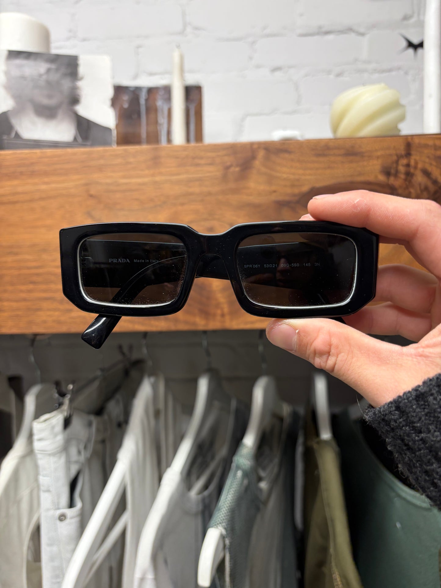 Prada ‘Symbole’ Boxy Rectangular Frame Black Sunglasses