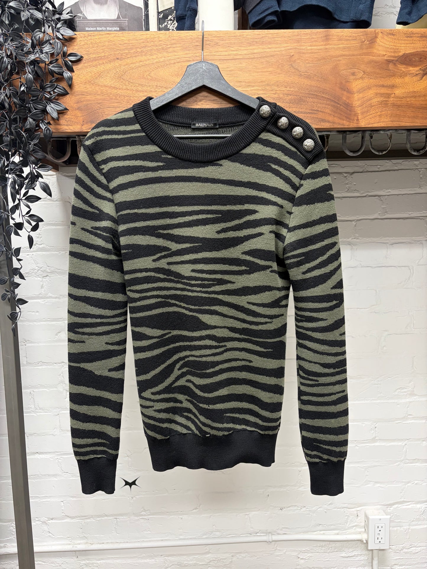 Balmain Leopard Patterned Green/Black Knit Sweater