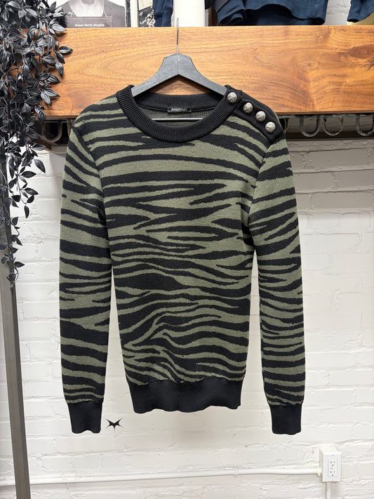 Balmain Leopard Patterned Green/Black Knit Sweater