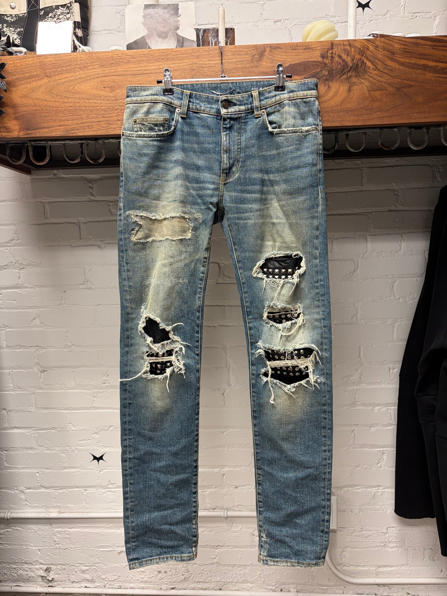 SS2016 Saint Laurent Studded Leather Biker ‘D02’ Washed Blue Skinny Jeans
