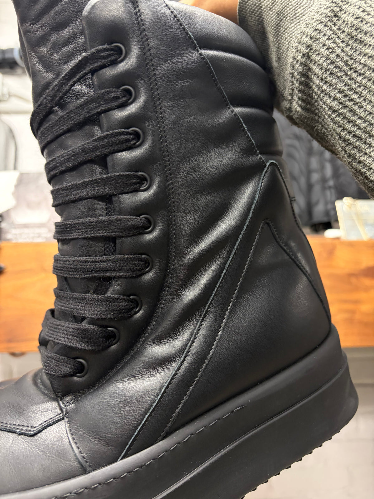 Rick Owens ‘Double Bumper’ Black Leather ‘Geobasket’ Platform High Top Sneakers