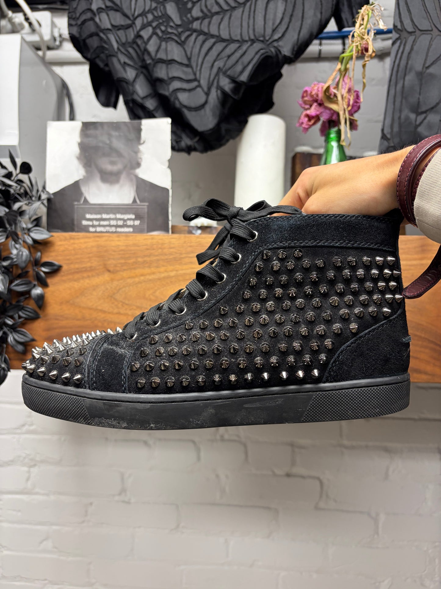 Christian Louboutin ‘Junior Spikes’ Black High Top Red Bottom Sneakers