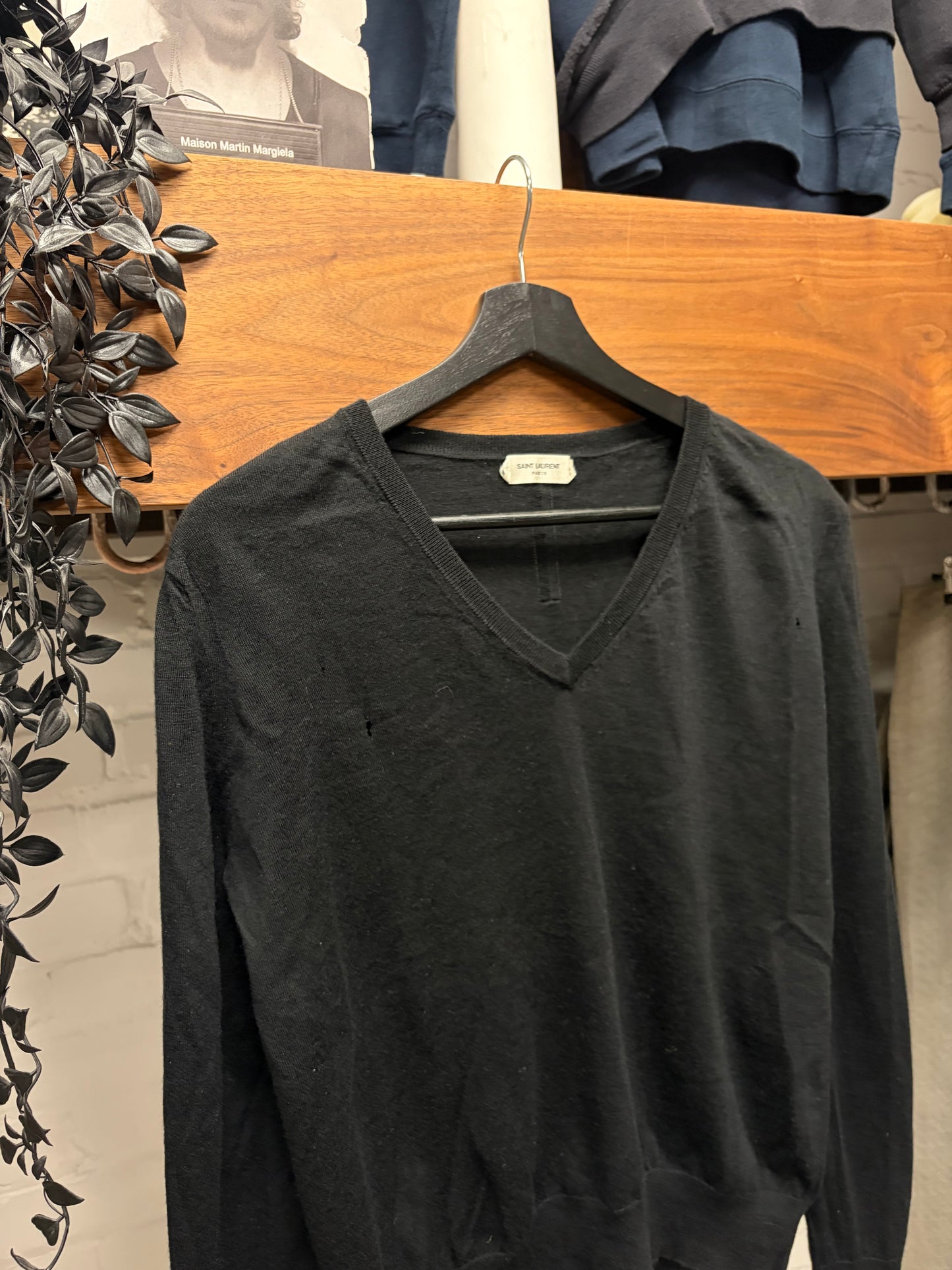 2017 Saint Laurent Black Lightweight Wool Knit Distressed V-Neck Sweater