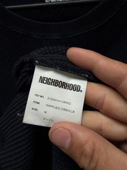 Neighborhood Embroidered Black/White Thermal Cotton Long Sleeve Shirt
