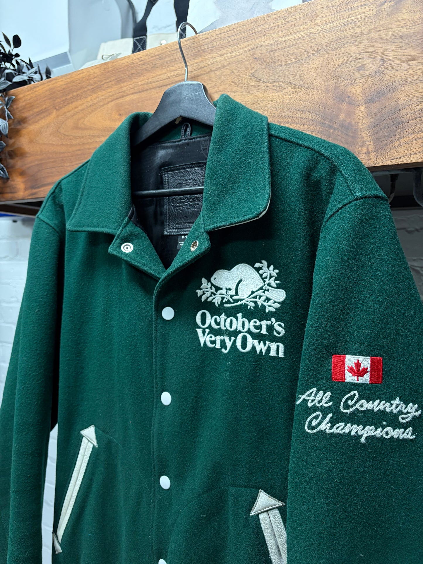 OVO x Roots Embroidered Logo Green/White Wool Letterman Varsity Jacket
