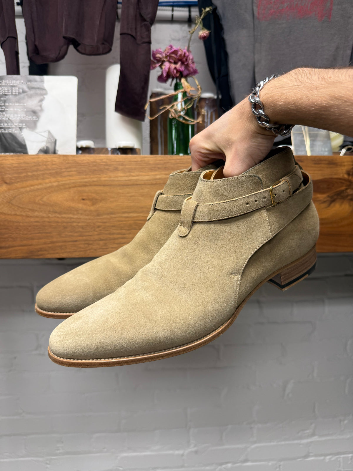 Saint Laurent ‘Jodhpur’ Tan Suede Pointed Toe Ankle Cut Chelsea Boots