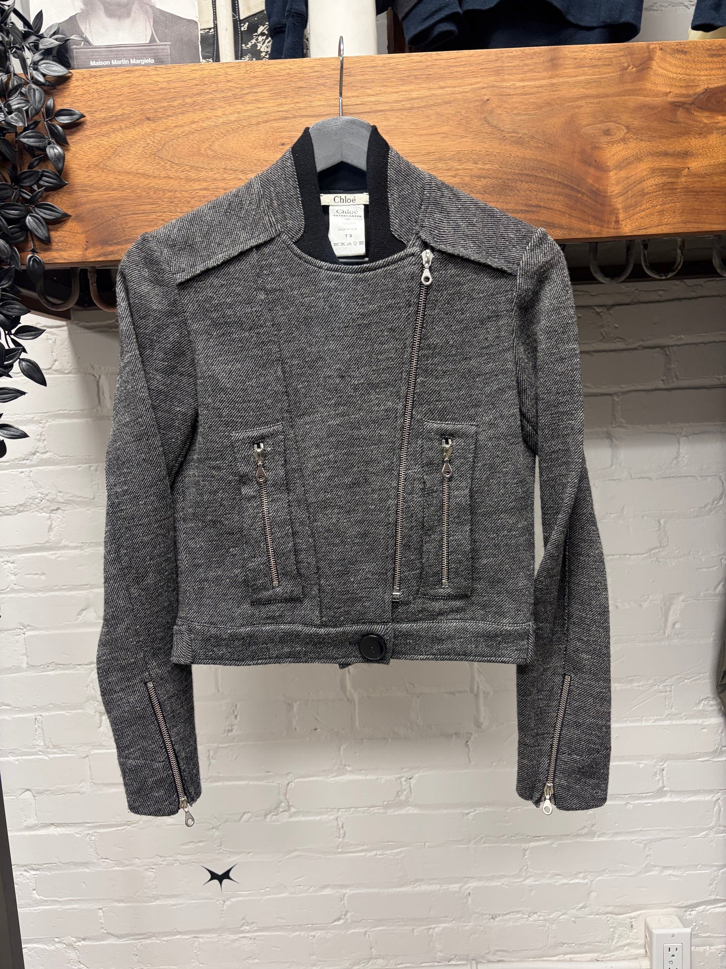 2000s Chloé Grey Wool Knit Asymmetric Zip Moto Jacket