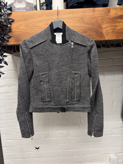 2000s Chloé Grey Wool Knit Asymmetric Zip Moto Jacket