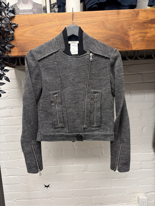 2000s Chloé Grey Wool Knit Asymmetric Zip Moto Jacket