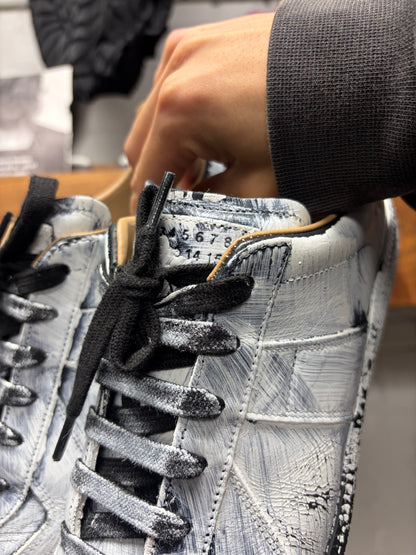 Maison Margiela White Paint Coated ‘G.A.T’ Black Leather Low Top Sneakers