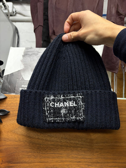 Chanel Ribbed Black Thick Cashmere Beanie with Tweed Patch Logo