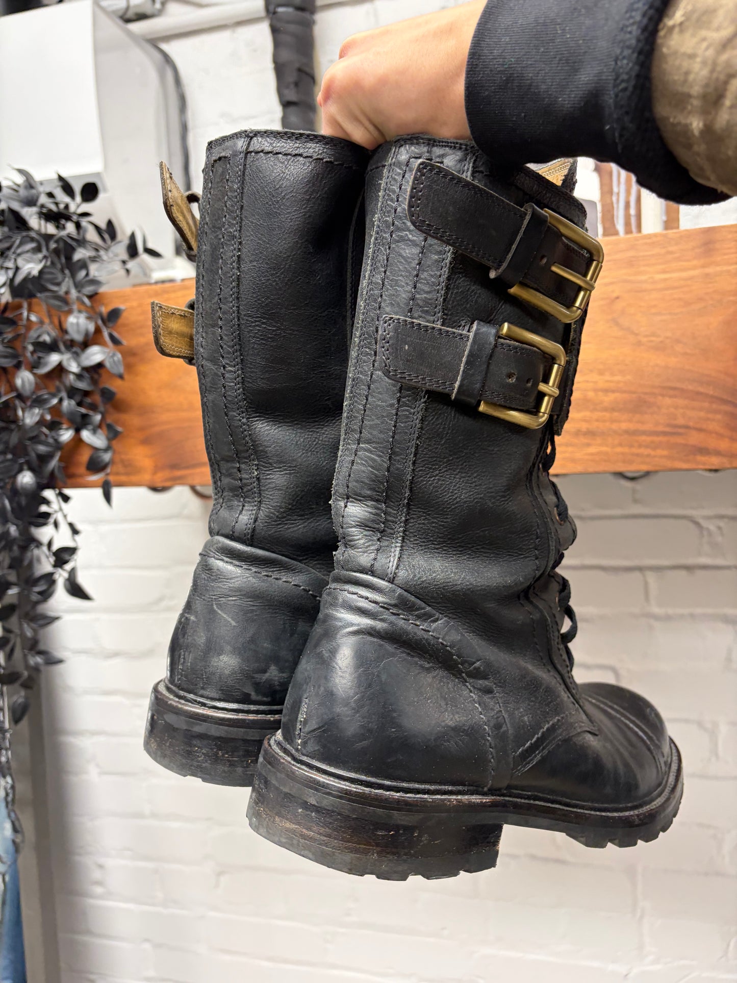 2000s Dolce & Gabbana Buckle Strap Closure Leather Combat Boots