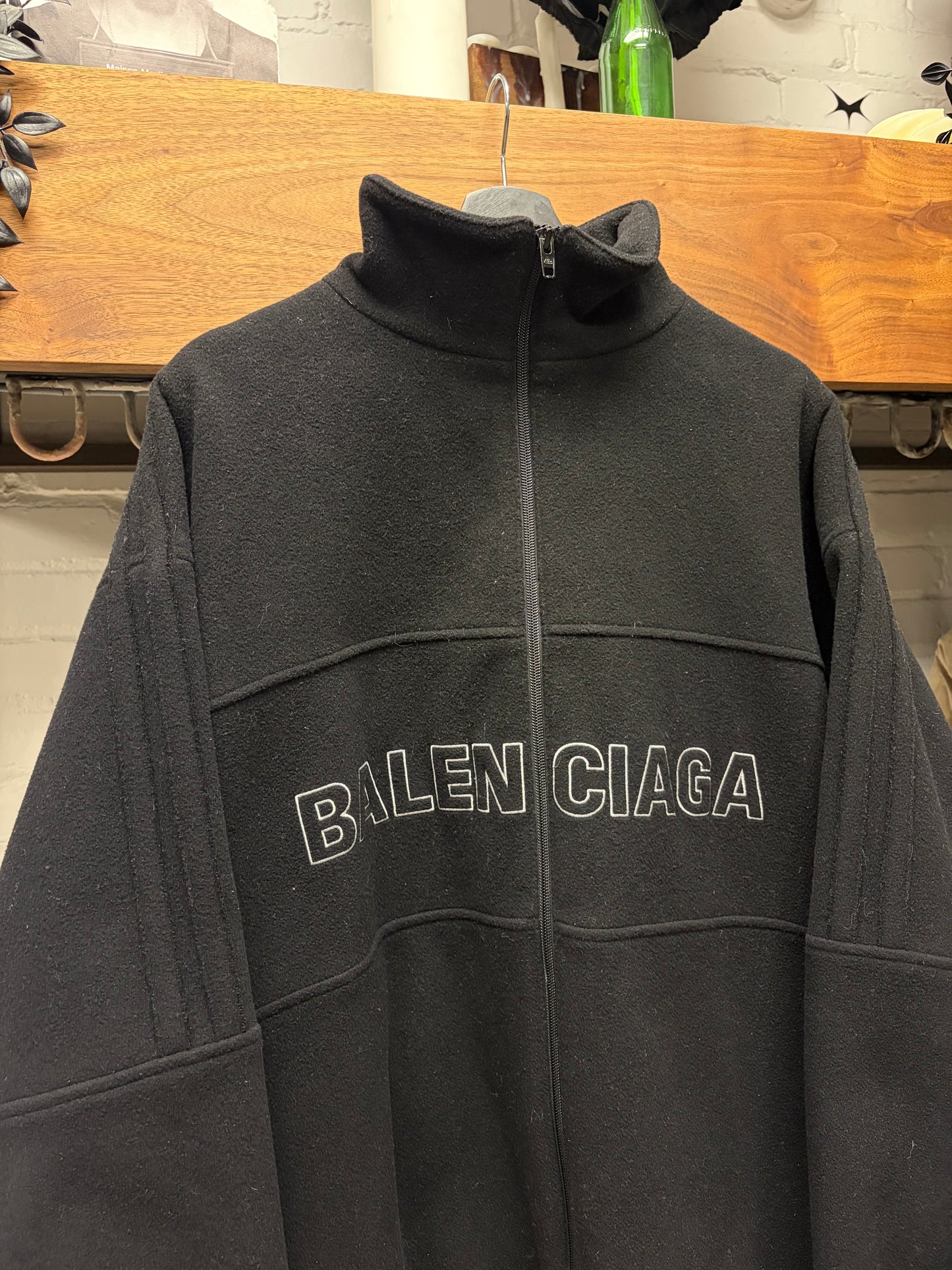 Balenciaga Oversized Black Embroidered Logo Virgin Wool Zip-Up Fleece Jacket