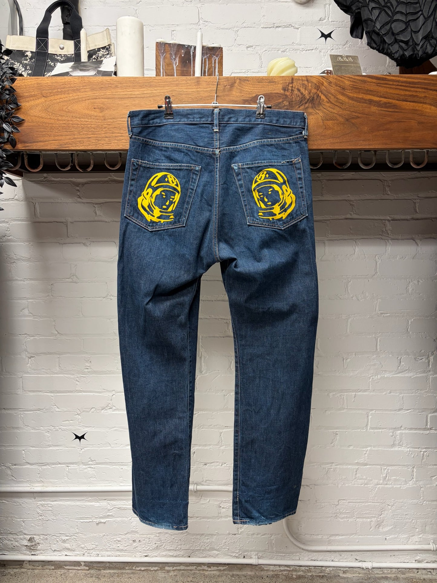 2000s Billionaire Boys Club ‘Running Dog’ Painted Logo Bootcut Blue Jeans