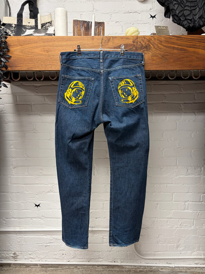 2000s Billionaire Boys Club ‘Running Dog’ Painted Logo Bootcut Blue Jeans