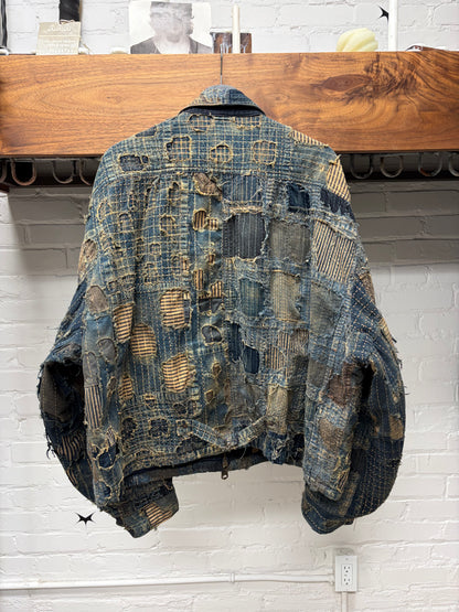 Kaptial ‘Boro’ Repaired Blue Zip-Up Buckle Back Denim Jacket