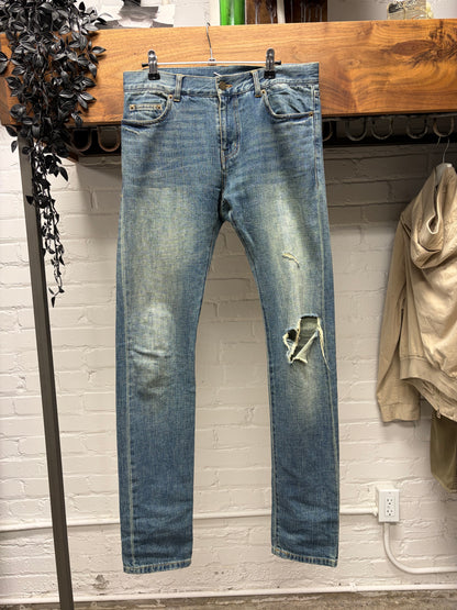 2015 Saint Laurent by Hedi Slimane ‘D02’ Distressed Knee Blowout Blue Skinny Jeans