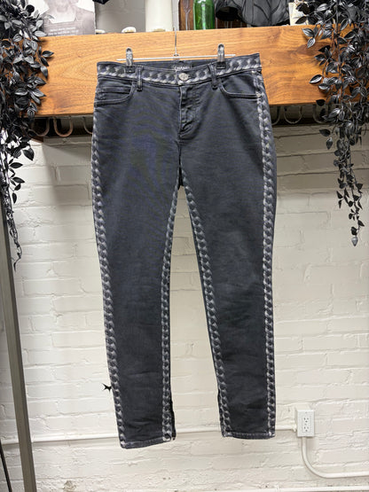 Chanel ‘Chain Print’ Black Skinny Jeans with Monogram Leather Jacron Patch