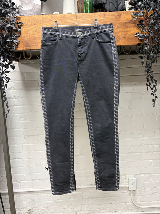 Chanel ‘Chain Print’ Black Skinny Jeans with Monogram Leather Jacron Patch