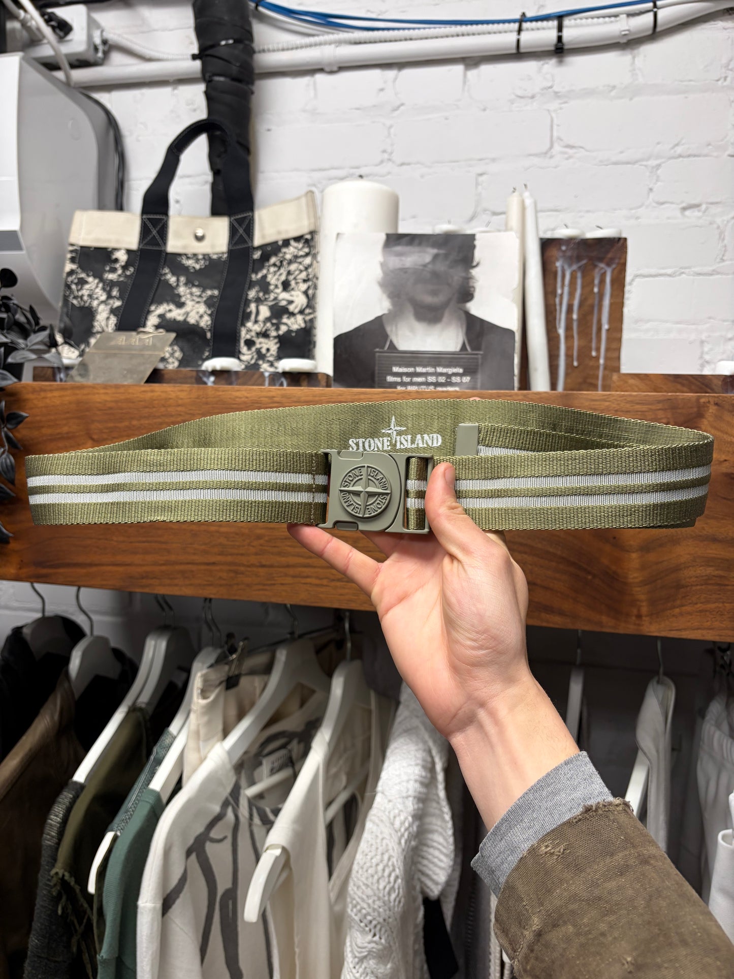 Stone Island Green Canvas ‘Compass’ Buckle Belt