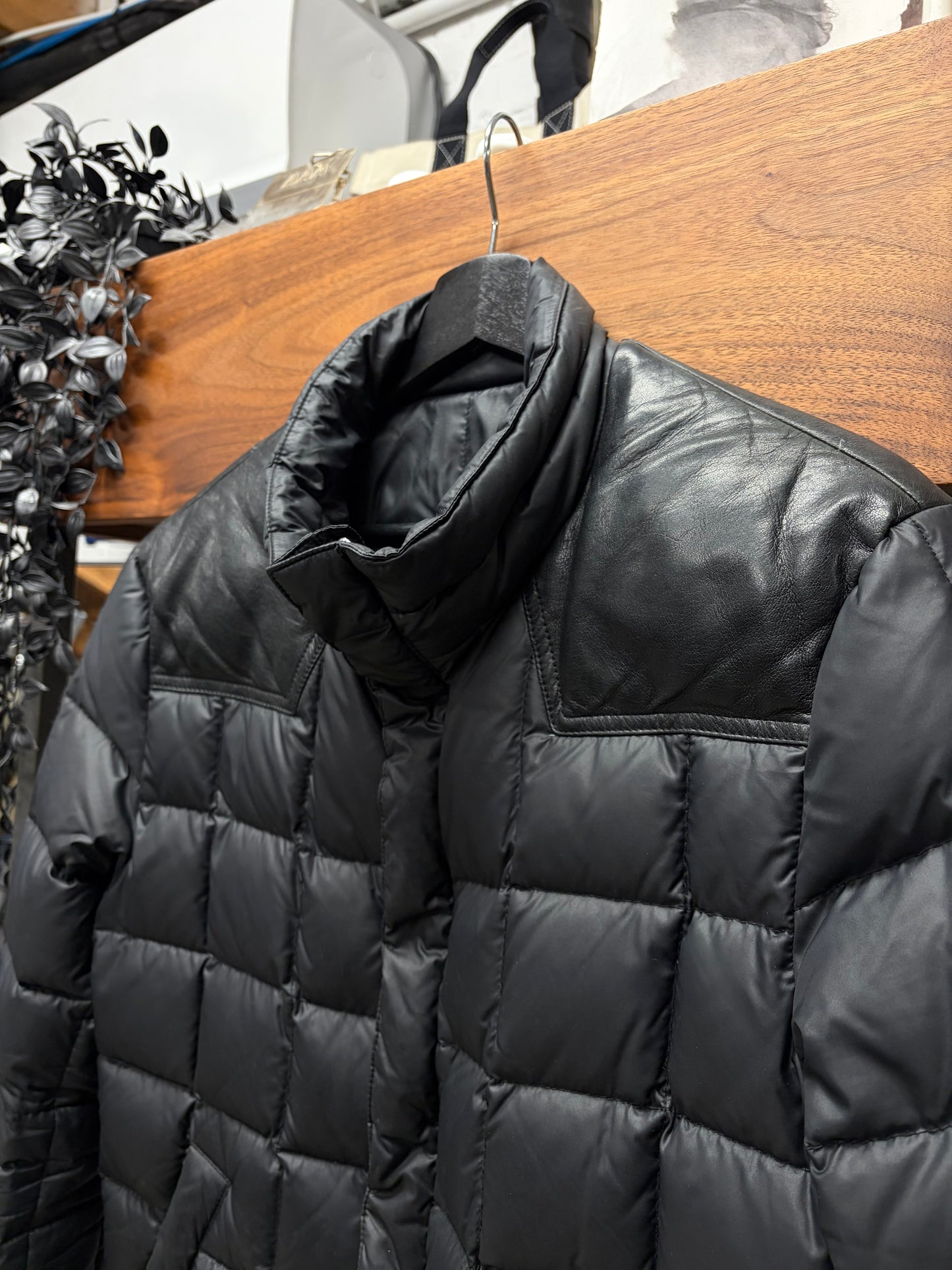 Balmain Quilted Black Puffer Jacket with Leather Shoulder Panelling