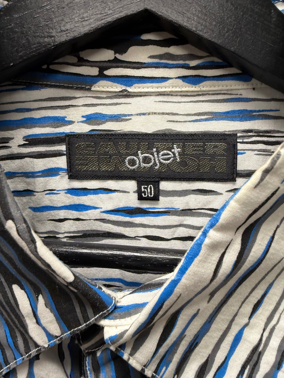 Vintage Jean Paul Gaultier Homme ‘Objet’ Paint Splatter Blue/White Button Up Shirt
