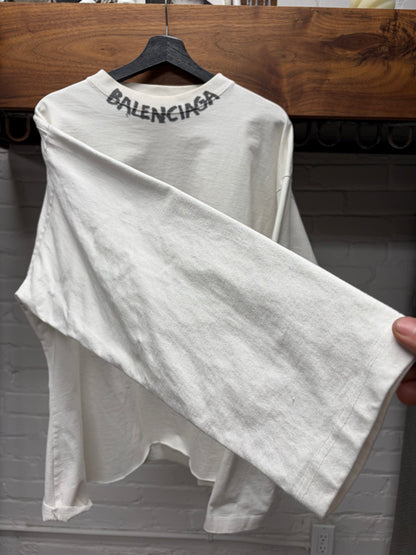 2020 Balenciaga ‘Stencil’ Collar Logo Oversized Raw Hem Long Sleeve Shirt