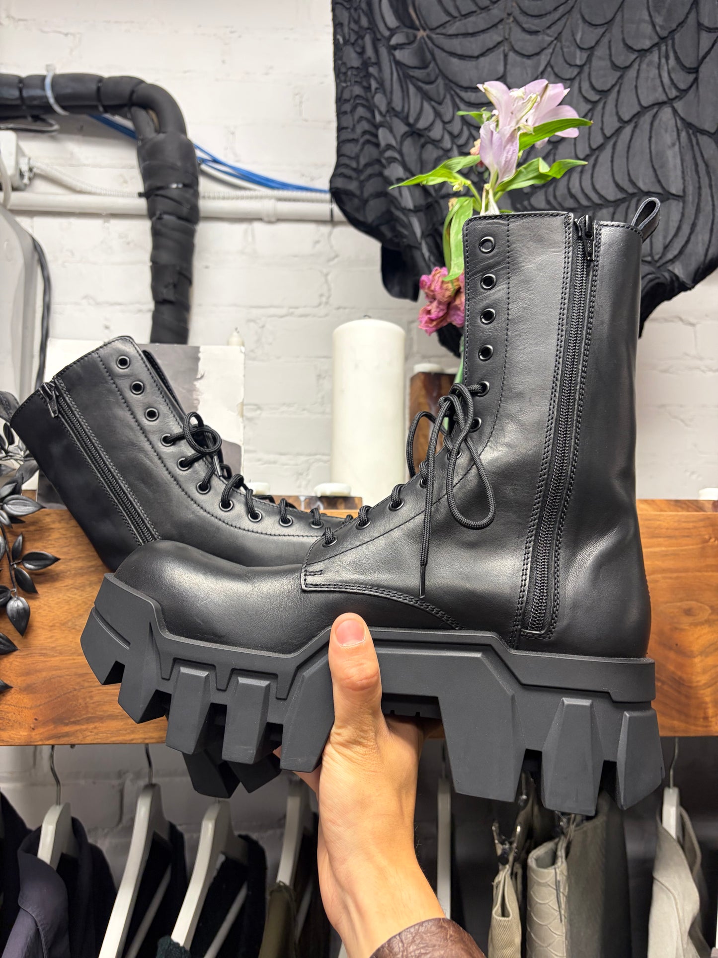 Balenciaga ‘Bulldozer’ Black Leather Platform Sole Combat Boots