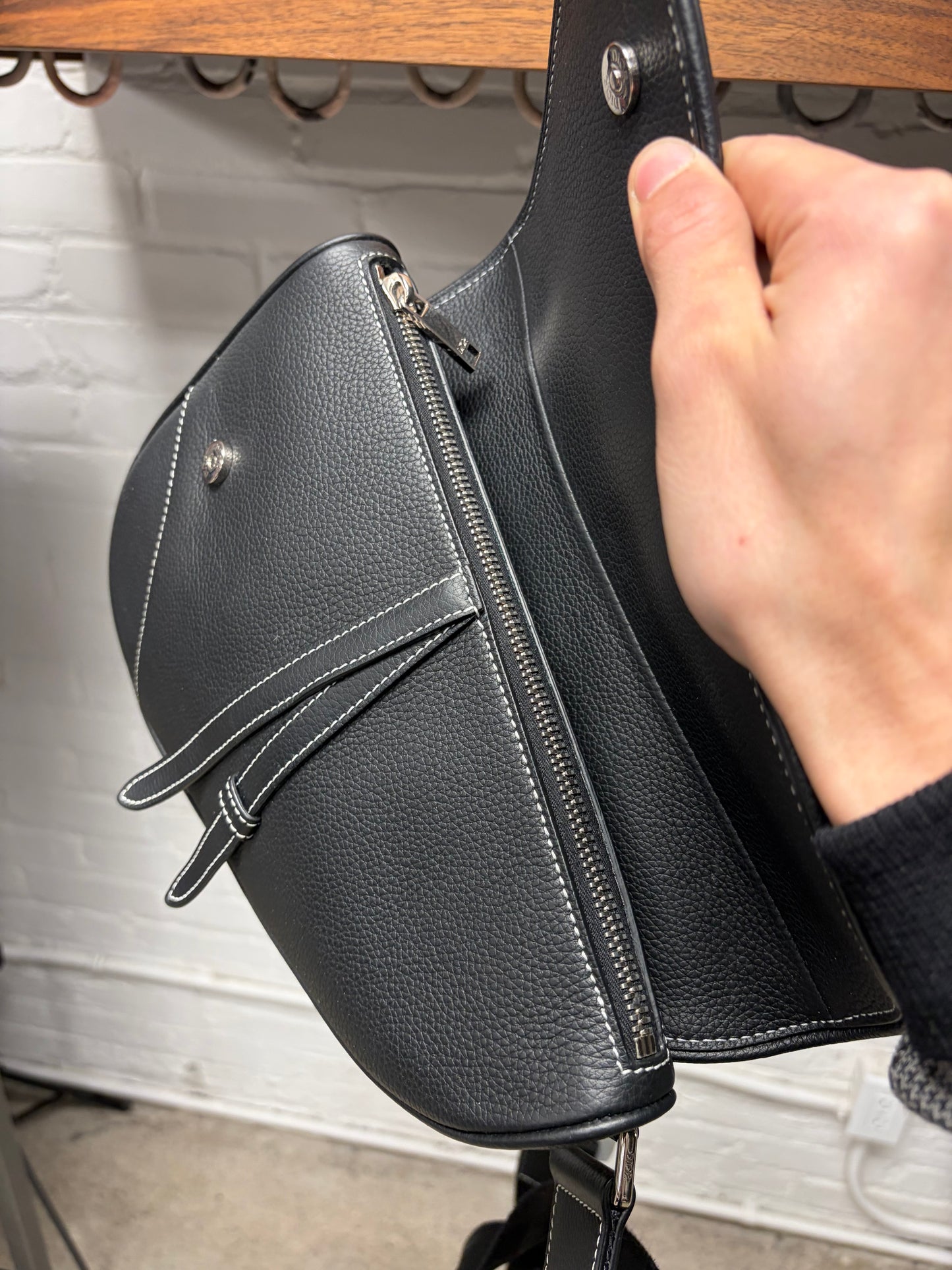 Dior Grained Black Calfskin Leather ‘Saddle Bag’ with Roller Buckle Strap