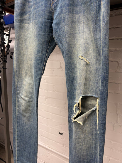 2015 Saint Laurent by Hedi Slimane ‘D02’ Distressed Knee Blowout Blue Skinny Jeans