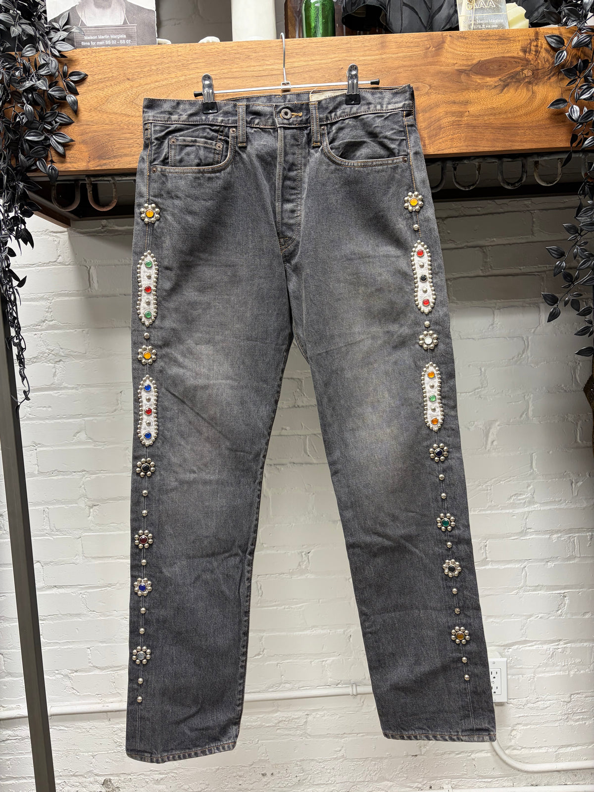 Kapital Gemstone 14oz Studded Black Washed Straight Cut Denim