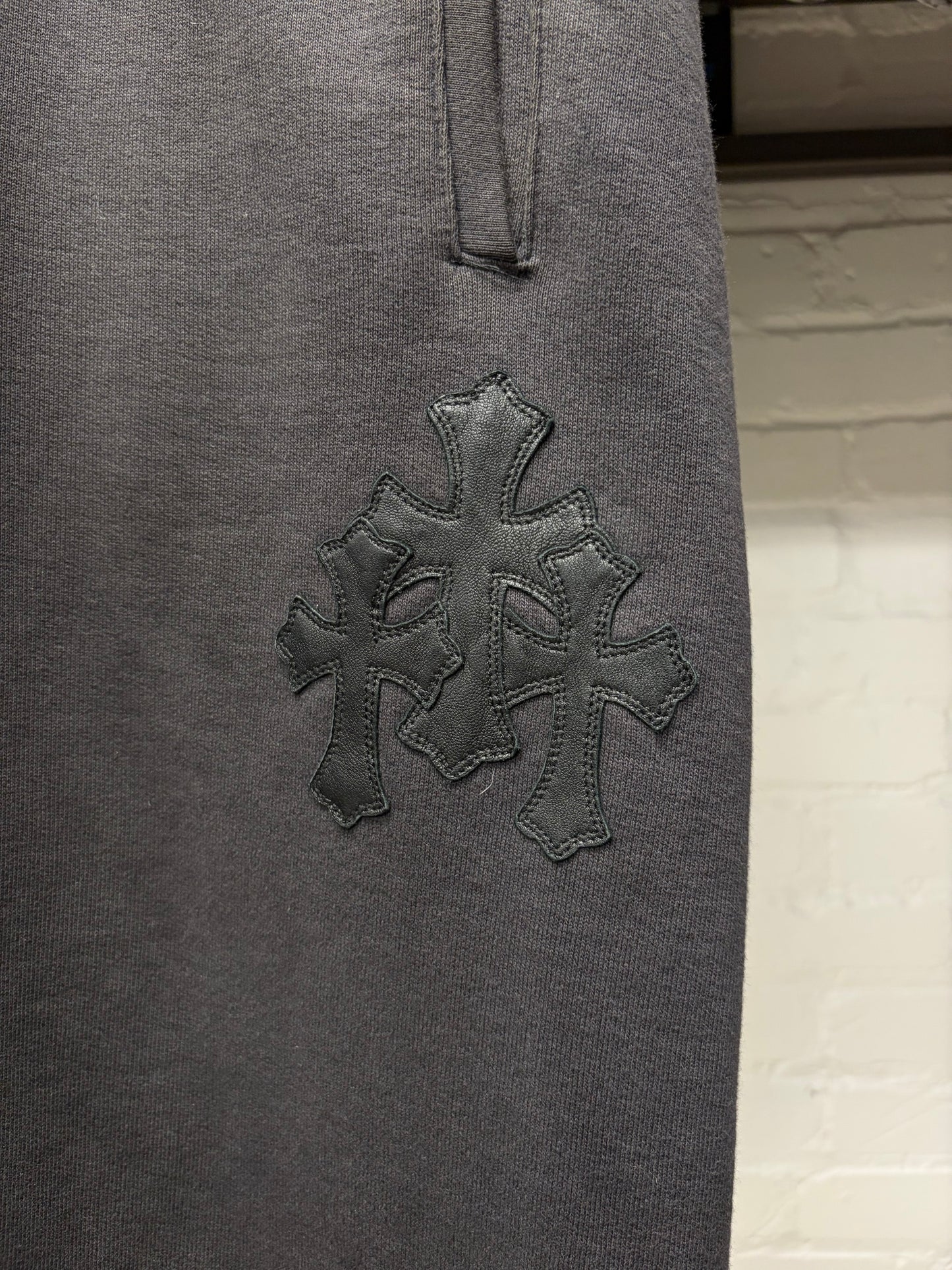 Chrome Hearts ‘Paperjam’ Black Cemetery Leather Cross Patch Sweatpants