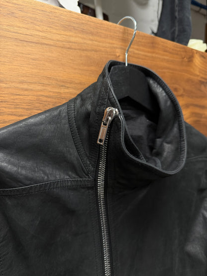 Rick Owens Mainline ‘Mollino’ Black Lambskin Leather High Neck Zip Jacket