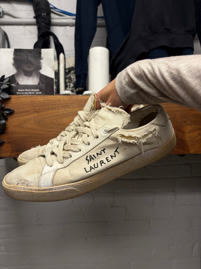 Saint Laurent ‘Court Classic’ Distressed Canvas White Low Top Sneakers