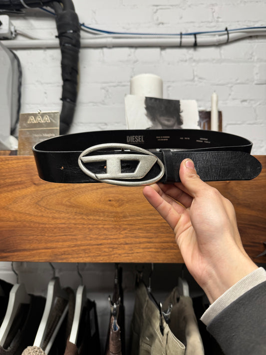 Diesel Silver ‘Logo Buckle’ Black Leather Belt
