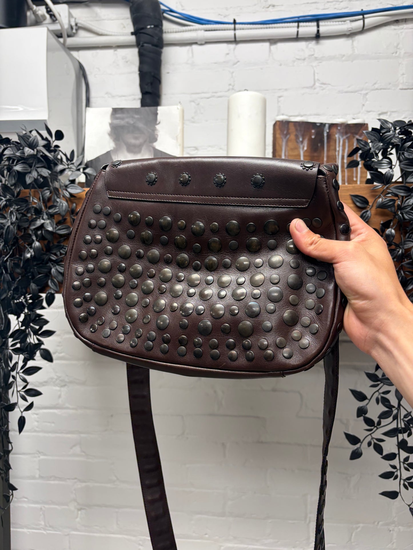 Marni Studded Brown Leather ‘Half Moon’ Crossbody Bag