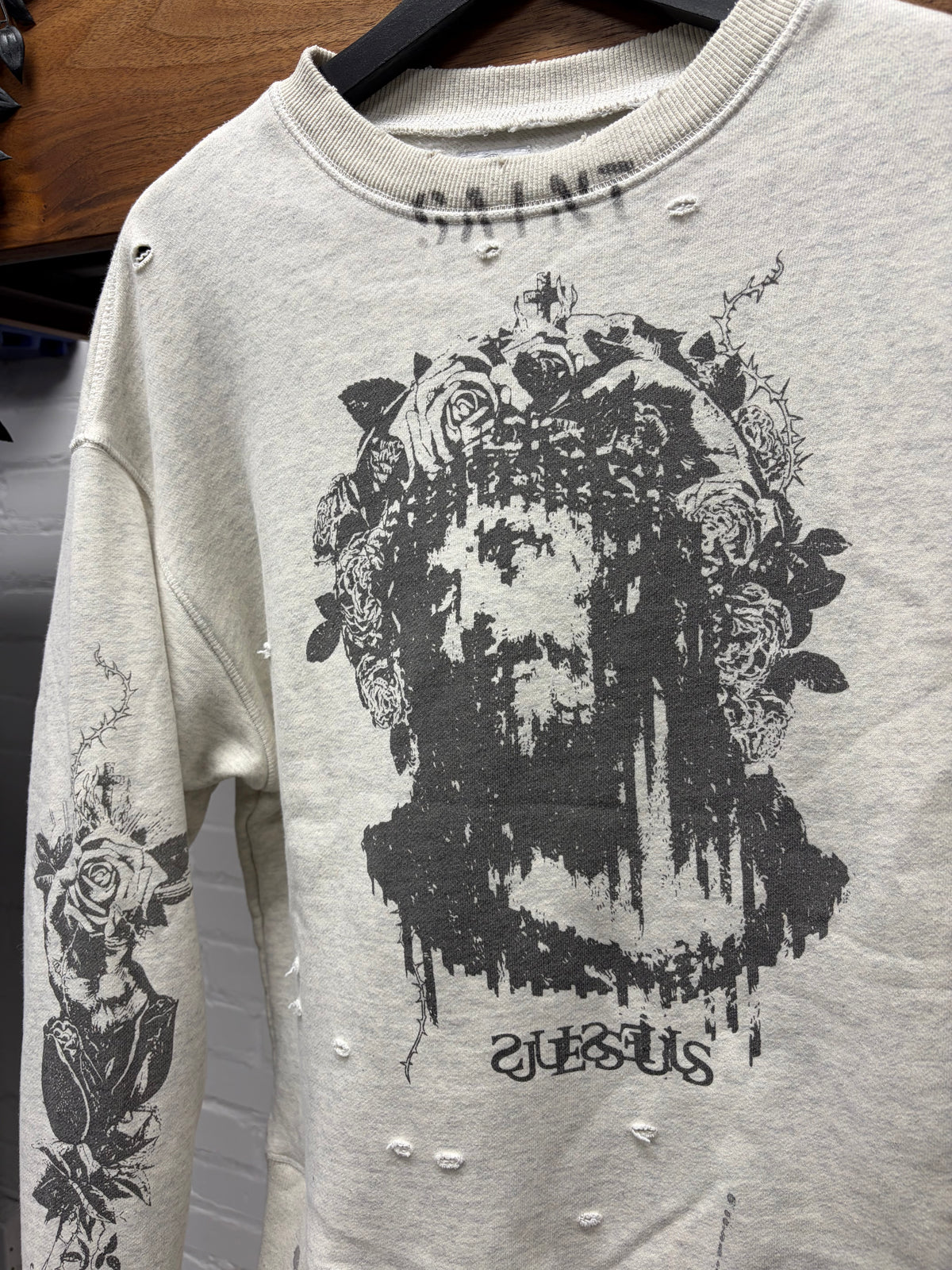 SS2022 Saint Michael x Kosuke Kawamura ‘Jesus in Thorns’ Grey Distressed Crewneck Sweatshirt