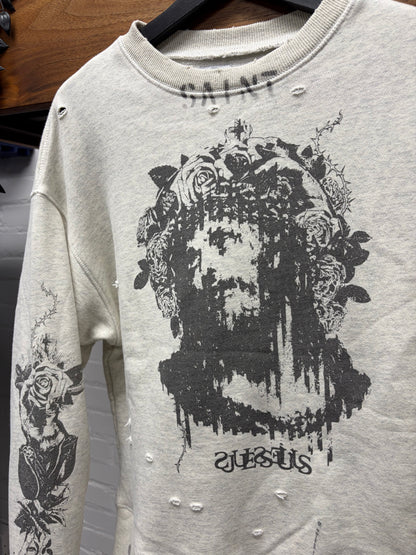 SS2022 Saint Michael x Kosuke Kawamura ‘Jesus in Thorns’ Grey Distressed Crewneck Sweatshirt