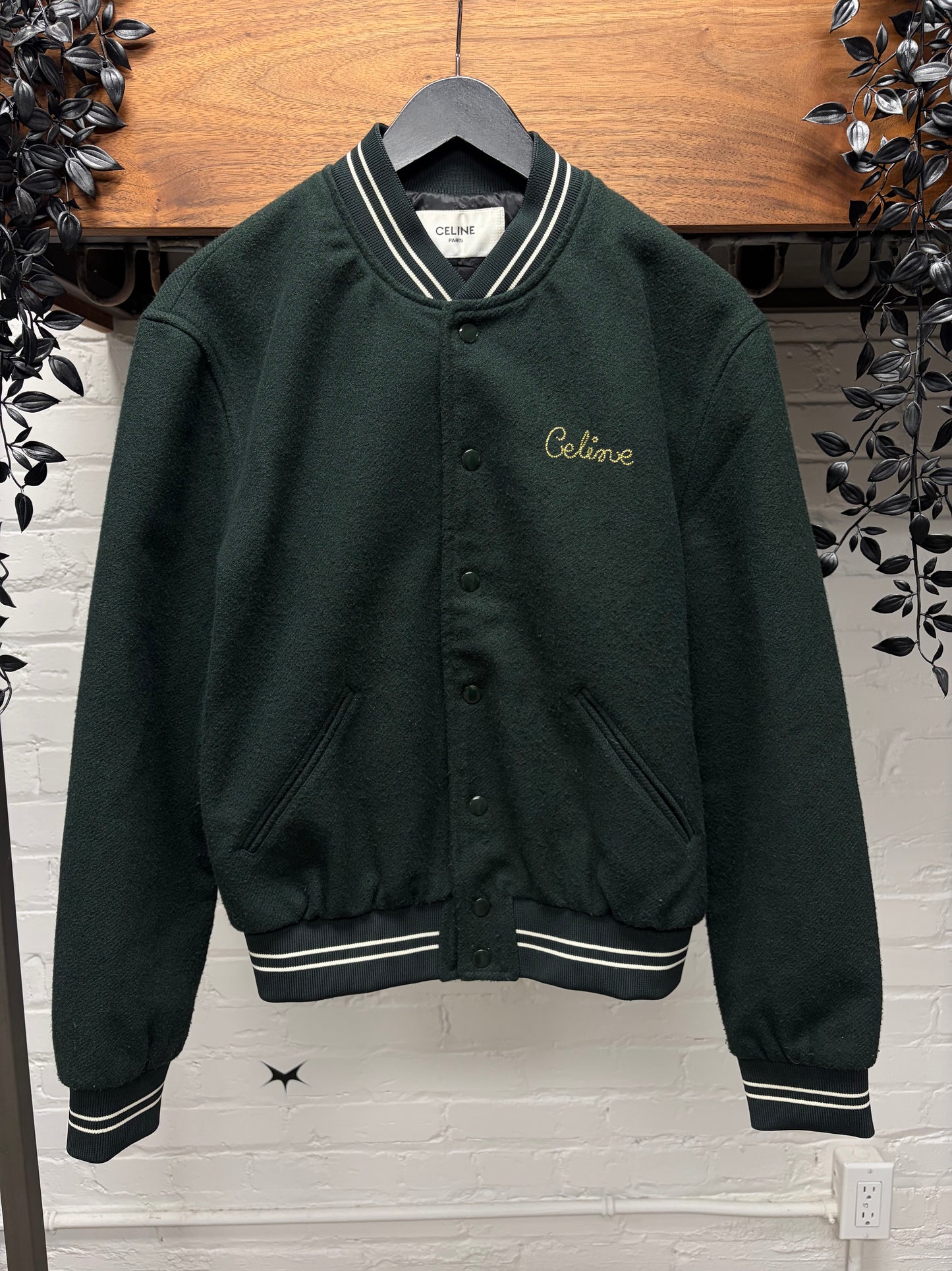 Celine Chain Stitched ‘Cursive Logo’ Forest Green Wool Varsity Jacket